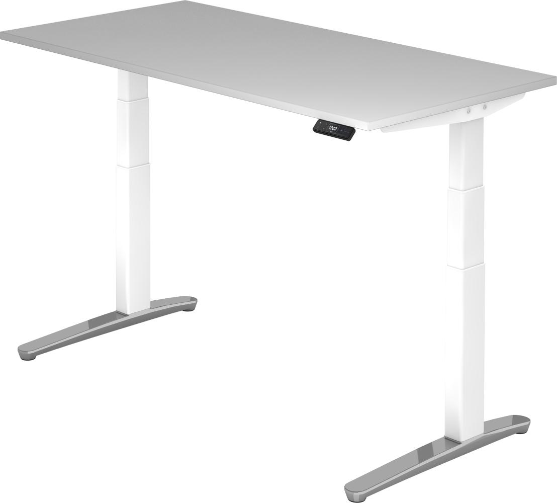 bümö® Sitz- & Stehschreibtisch Serie-XBHM elektrisch höhenverstellbar mit Memoryfunktion, Tischplatte 160 x 80 cm in Grau Gestell in weiß / aluminium poliert Bild 1