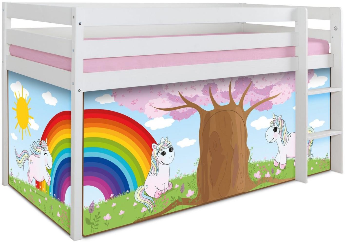 Hochbett \"Einhorn Rainbow\" 90x200 Kiefer massiv weiß Bild 1