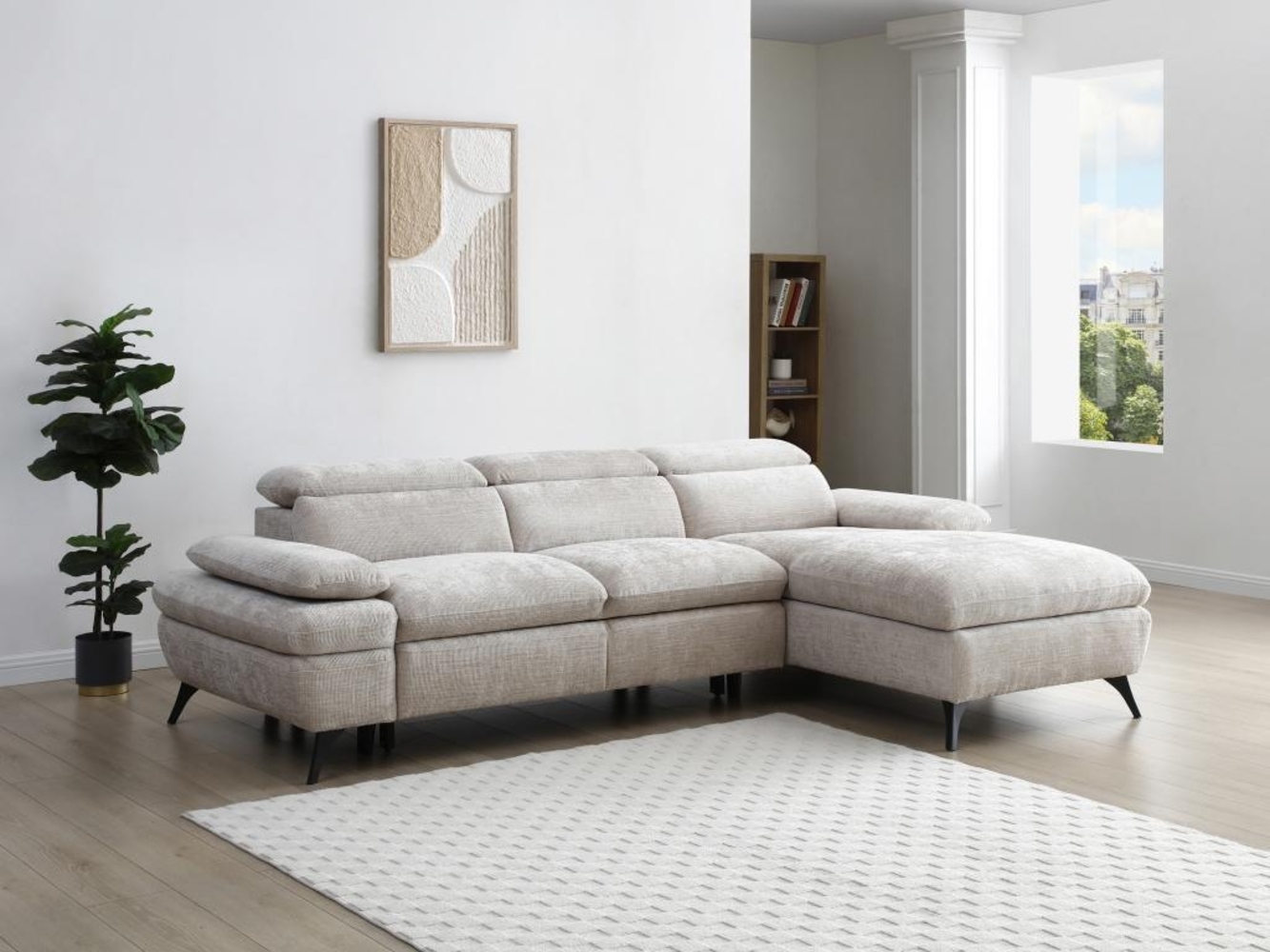 Vente-unique - Ecksofa mit Schlaffunktion mit Bettkasten - Ecke rechts - Strukturstoff - Beige - MORAVA Bild 1