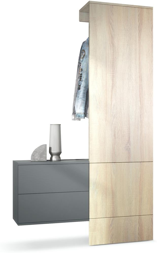 Garderobe Carlton Set 2, Wandgarderobe aus Deko-Paneel & hängender Schubladen-Kommode, Anthrazit matt/Eiche sägerau (105 x 193 x 35 cm) Bild 1