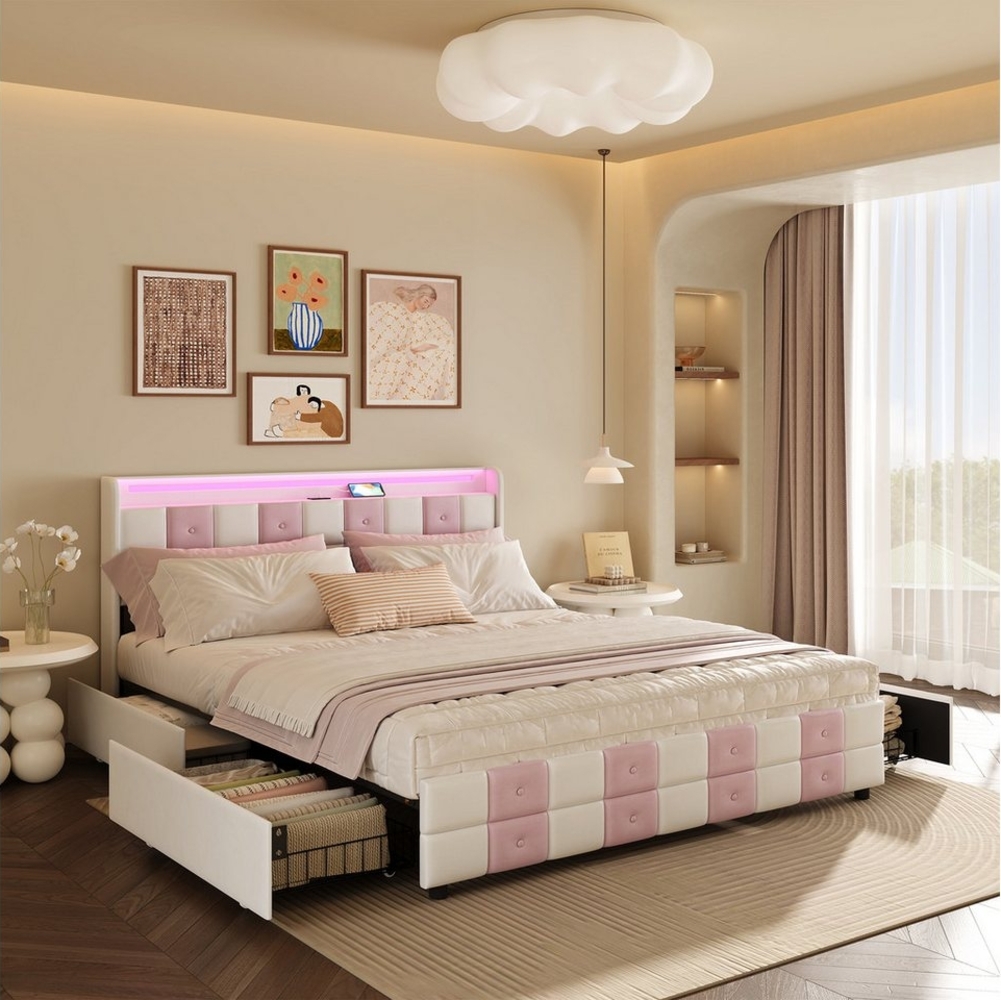 Furnishings Home Polsterbett LED Doppelbett 140x200 cm, Stauraumbett mit Kopfteil und 4 Schubladen (Samtmaterial Polsterbett mit RGB Beleuchtung), mit Lattenrost und Ladefunktion, mit Komforthöhe, Leises Design Bett Bild 1