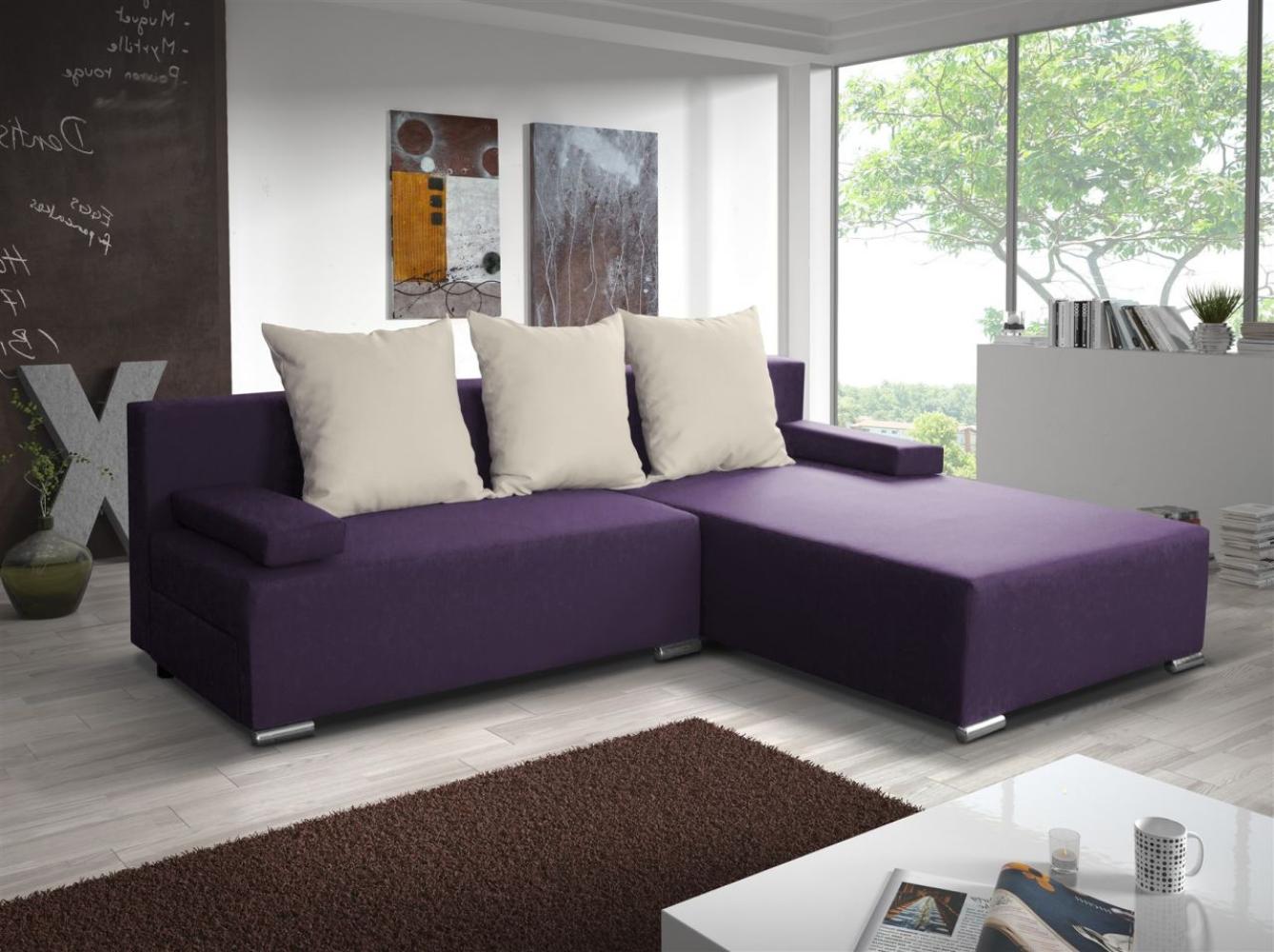 Ecksofa Sofa LUCY mit Schlaffunktion Violett / Beige Ottomane Rechts Bild 1