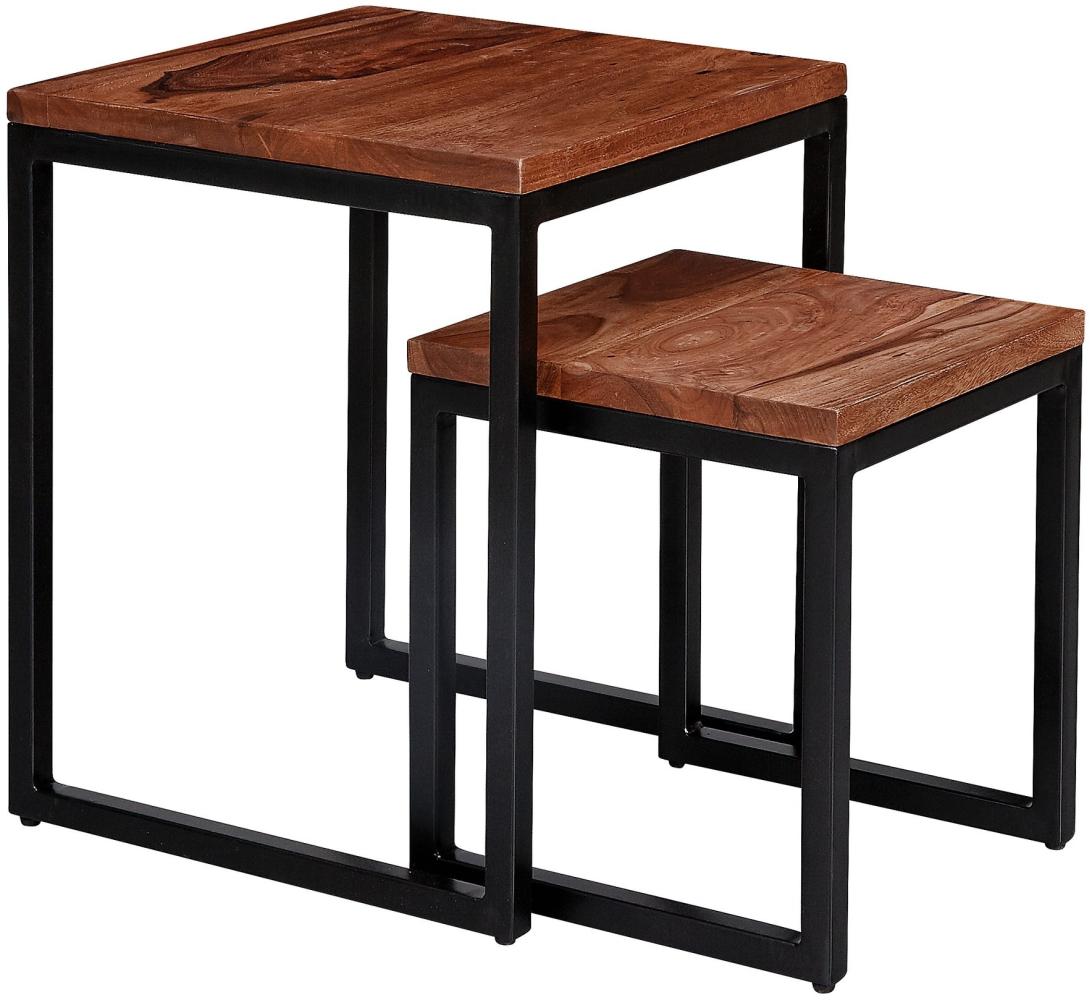 Wohnling Satztisch Sheesham Massivholz / Metall | Design Beistelltisch 2er Set | Couchtisch Set aus zwei Tischen Bild 1