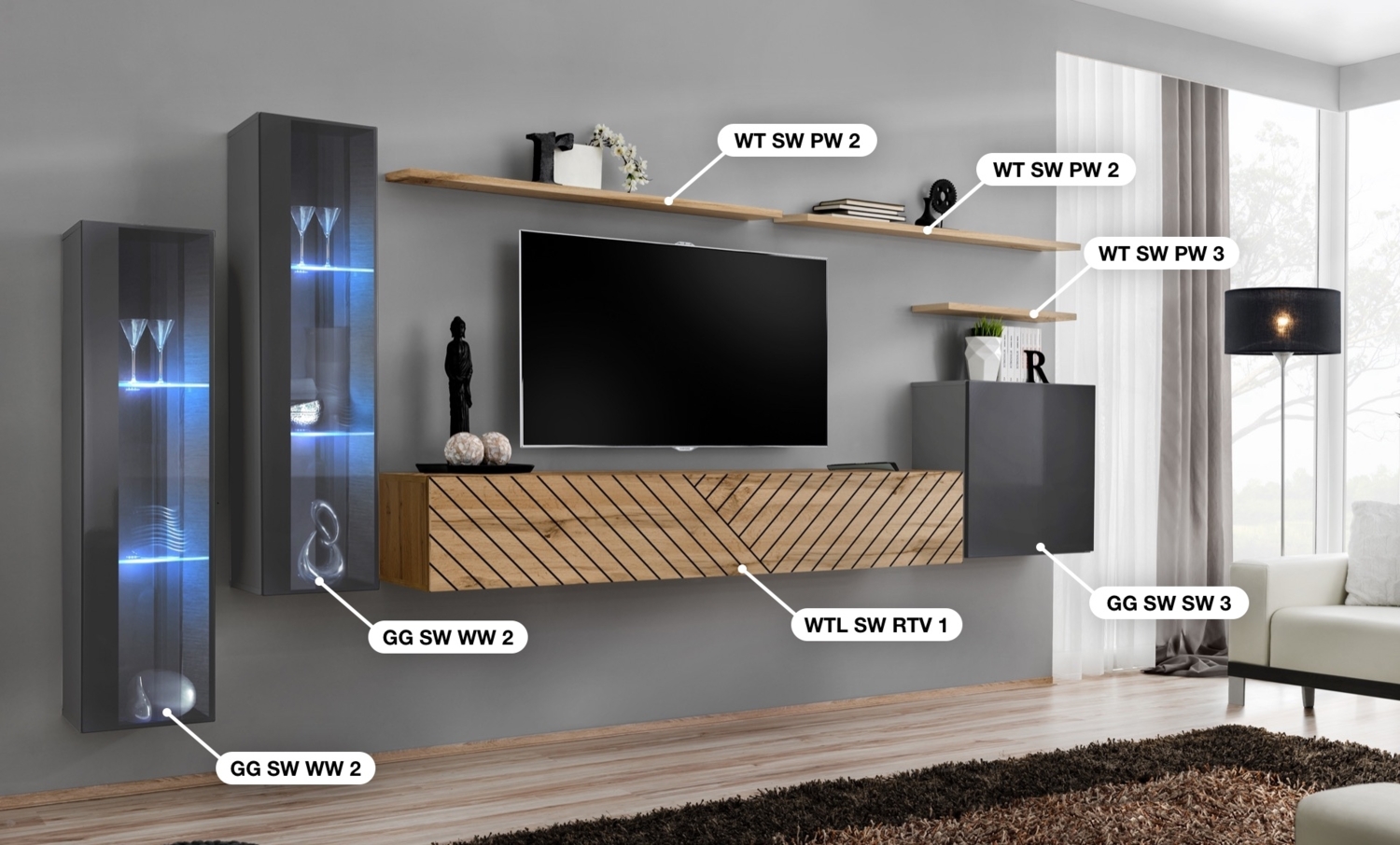 Wohnwand Switch Lamel, Korpus: Graphit, Wotan / Front: Graphit hochglanz PVC, Wotan PVC (gerillt) Bild 1