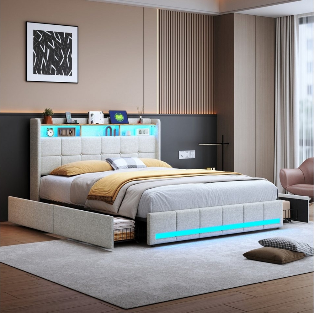 PXloue Funktionsbett Polsterbett Doppelbett, mit USB-Laden und Stauraum am Kopfteil,Leinen,140x200 cm Bild 1