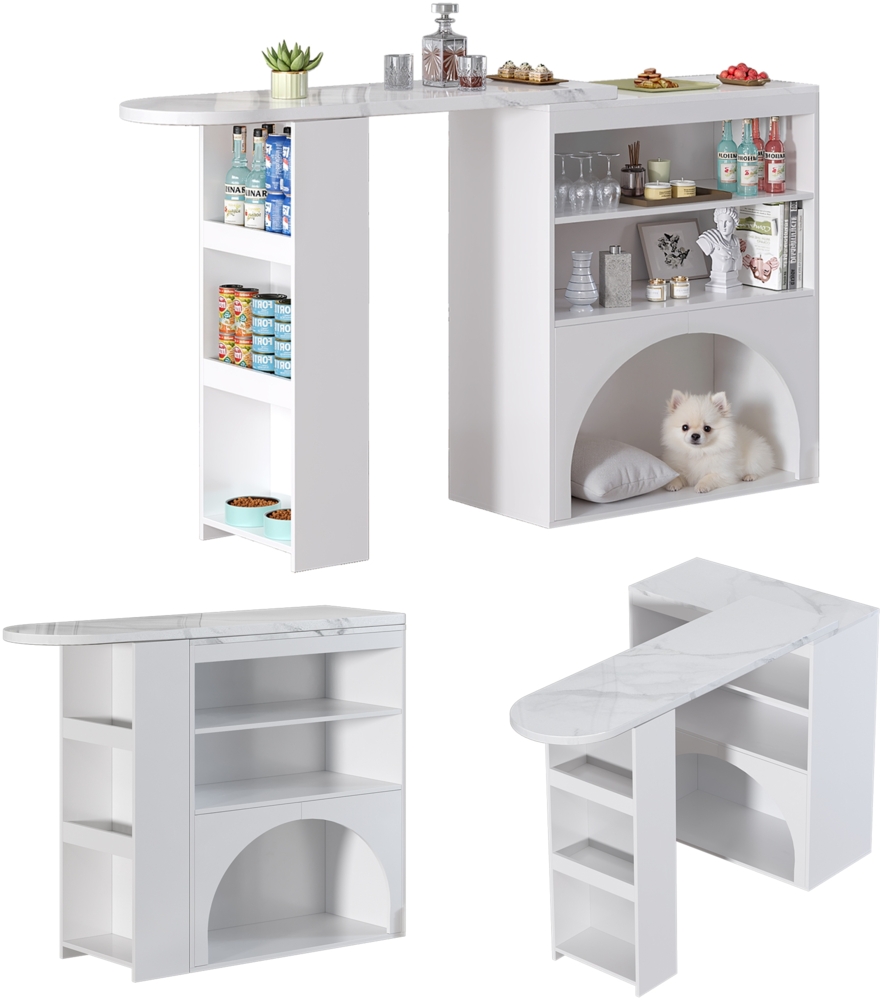Merax 120CM Bartisch, ausziehbarer Esstisch, hochbeiniger kleiner Bartisch, mit Lagerung und Haustierbereich, haustierfreundlich, geeignet für Esszimmer und Küche, weiß Bild 1