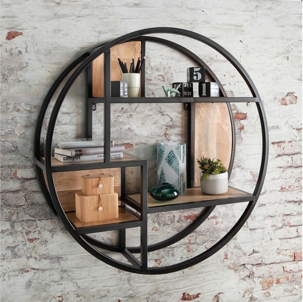 More2Home Wandregal CIRCLE, rund ca. 90 cm, Mangoholz natur, Eisen schwarz Bild 1