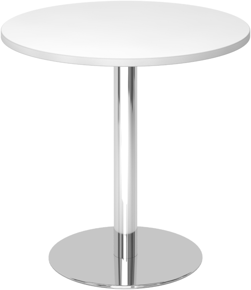 bümö Besprechungstisch, Esstisch klein, Tisch rund 80 cm - kleiner Esstisch weiß, Rundtisch Esstisch 2 Personen mit Holz-Platte, Säule aus Metall verchromt, Konferenztisch, Bistrotisch, STF08-W-C Bild 1