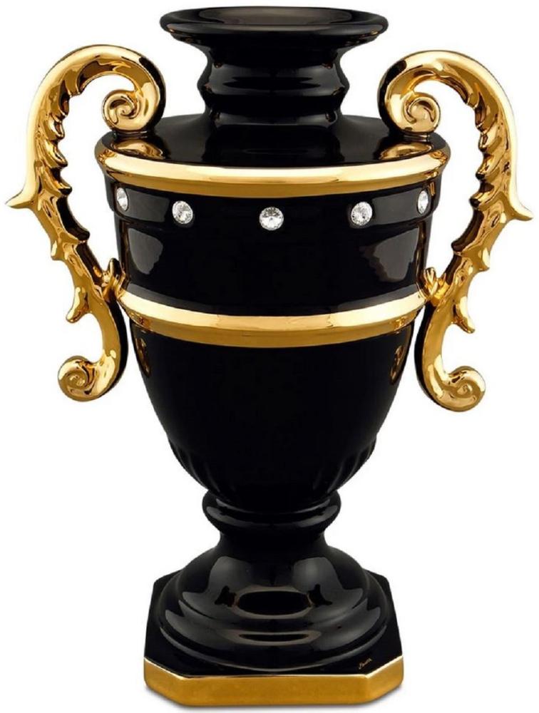 Casa Padrino Barock Vase Schwarz / Gold 26 x 18 x H. 36 cm - Prunkvolle Keramik Blumenvase mit Swarovski Kristallglas Bild 1