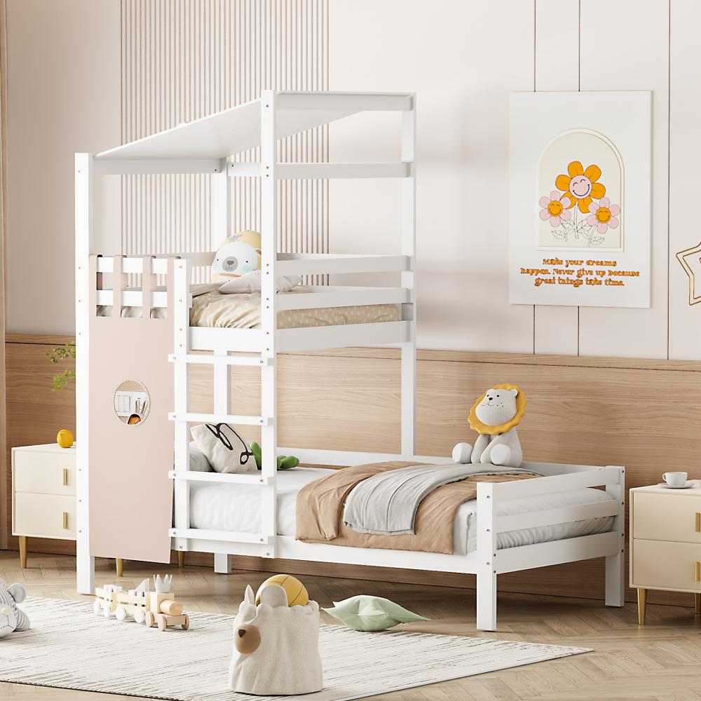 Merax Kinderbett 90x200 Etagenbett mit Dach Premium Massivholzbett mit Lattenrost Weiß Bild 1