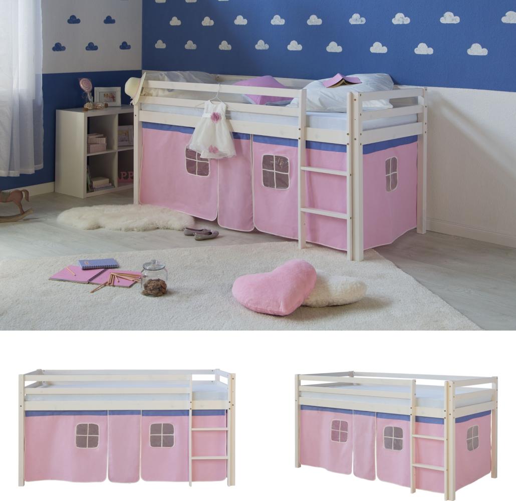 Hochbett Spielbett Kinderbett Leiter Kiefer Vorhang pink 90x200 Jugendbett Bild 1