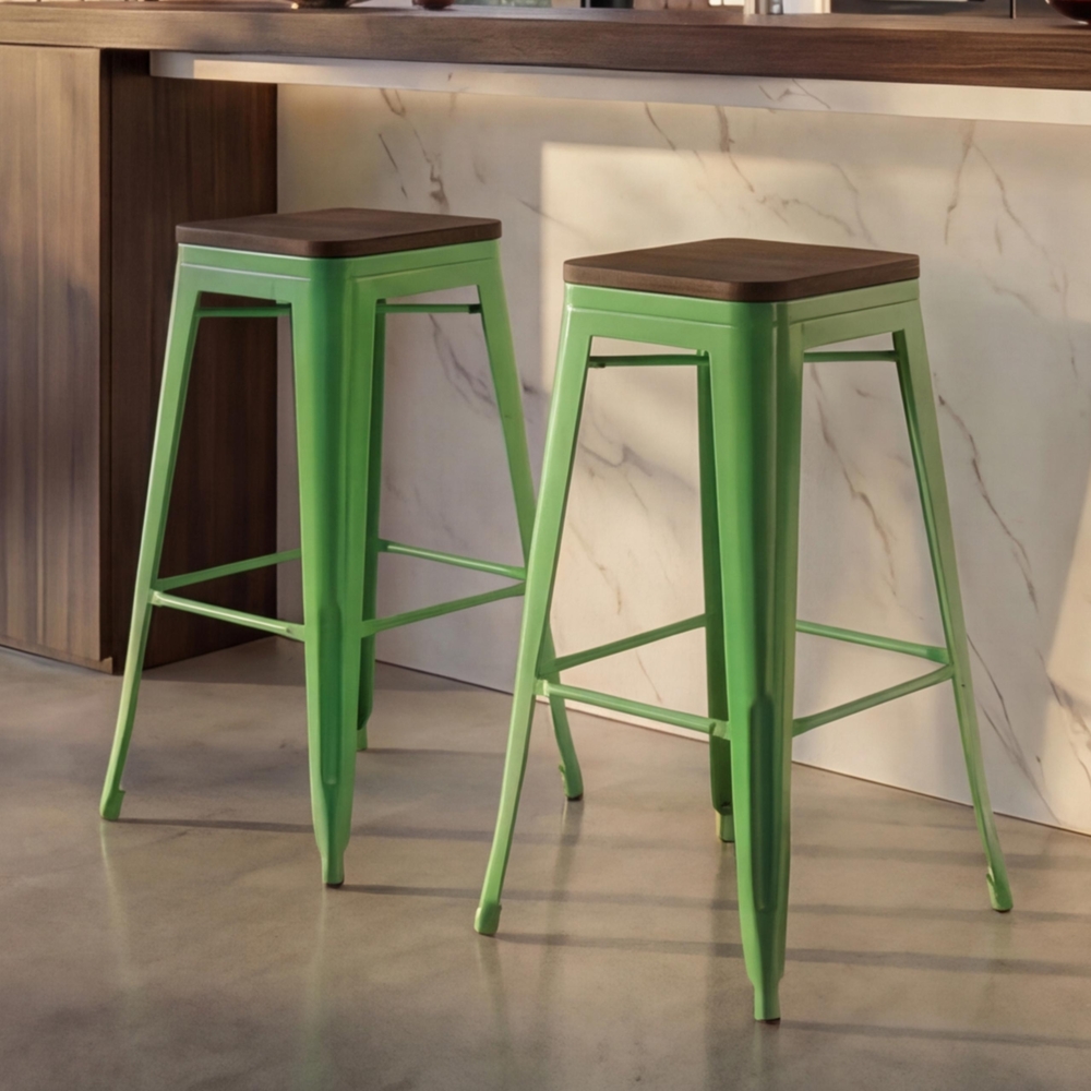 2er-Set Barhocker HWC-A73 inkl. Holz-Sitzfläche, Barstuhl Tresenhocker, Metall Industriedesign stapelbar ~ grün Bild 1