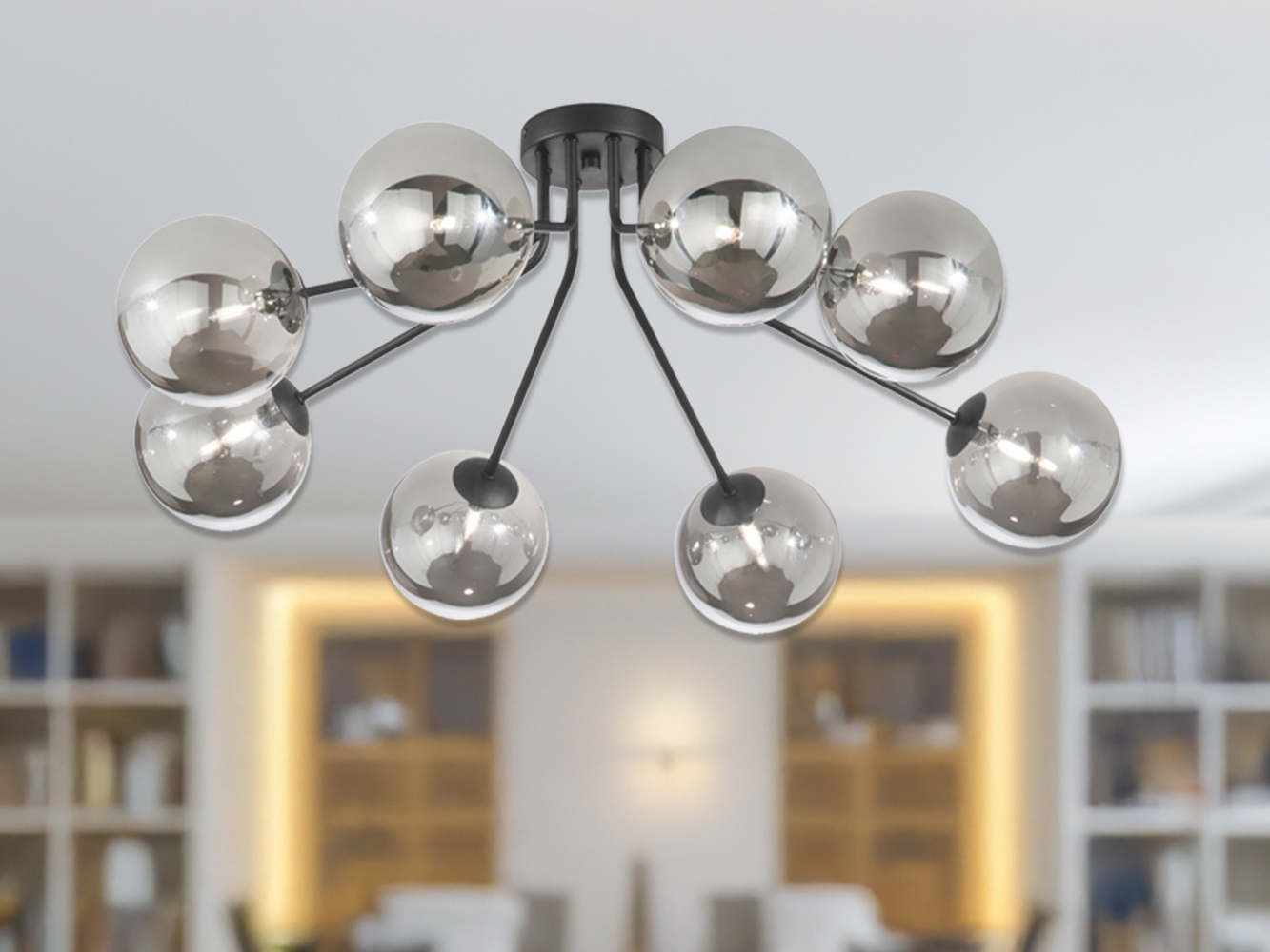 LED Deckenleuchte Schwarz mit 8 Glaskugeln Rauchglas, Breite 88cm Bild 1