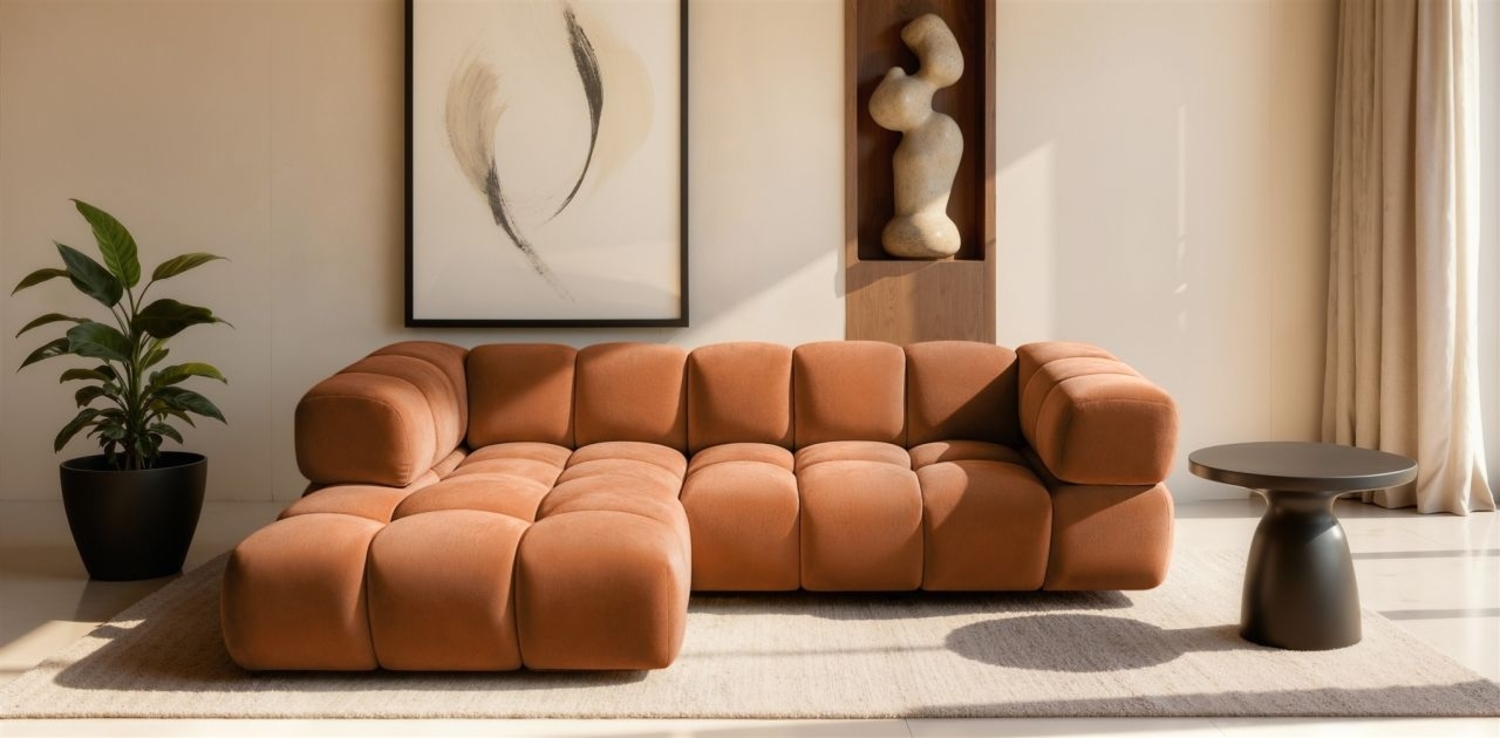 Ecksofa Designersofa BLANCHE in Stoff Bluvel Rostbraun Ottomane Links Bild 1