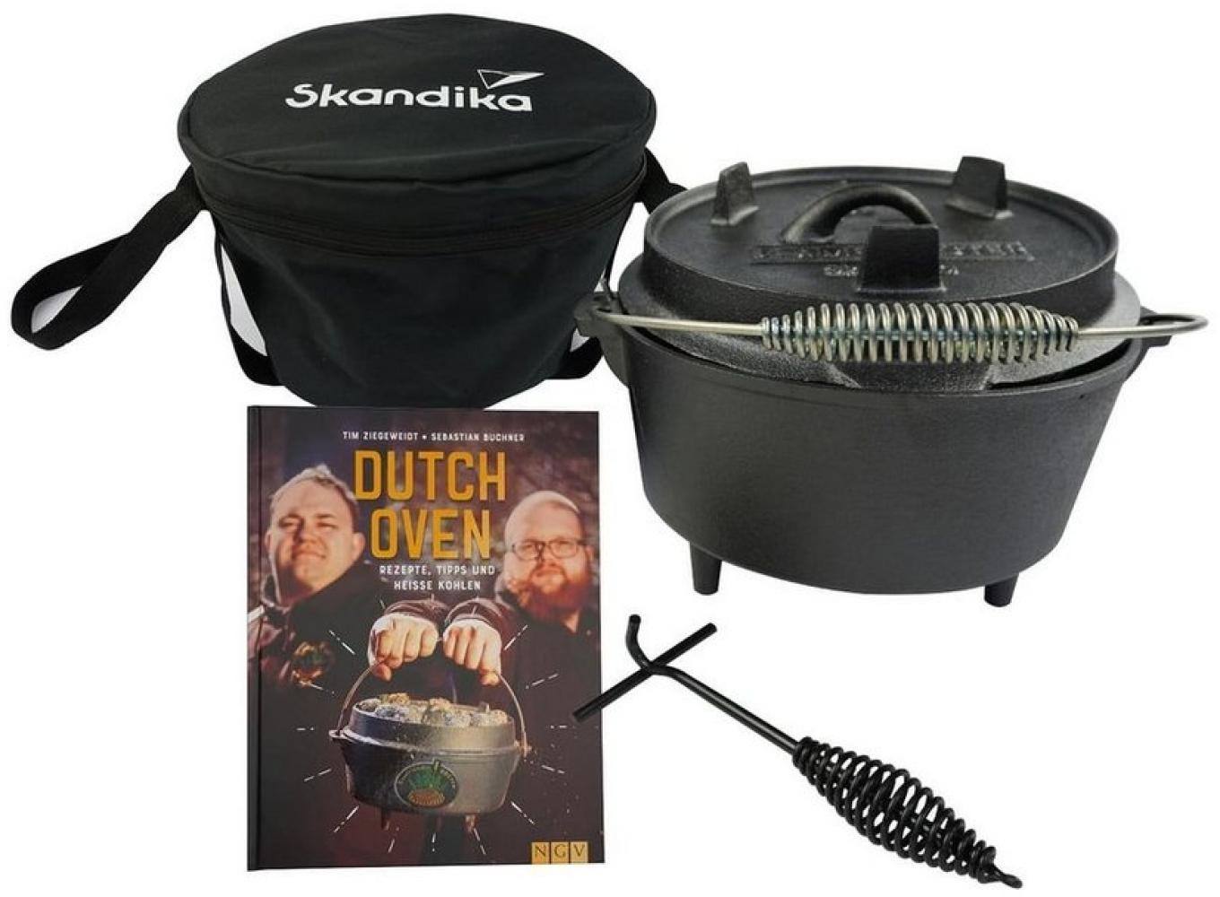 Skandika Grilltopf Dutch Oven Flame Master, Feuertopf, Gulaschtopf, Outdoor, Kochtopf, Rezeptbuch, Tragetasche, Deckelheber, auch Pfanne, bereits eingebrannt Bild 1