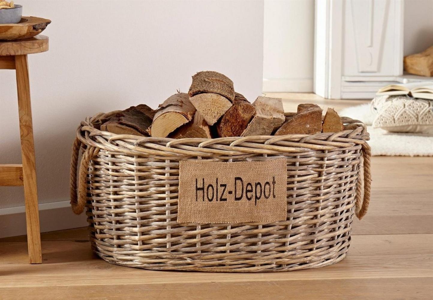 Dekoleidenschaft Kaminholzkorb aus Weide im Shabby Look, Feuerholzkorb, Weidenkorb, Brennholzkorb, großer Aufbewahrungskorb, Flechtkorb, Spielzeugkorb, Ordnungskorb Bild 1