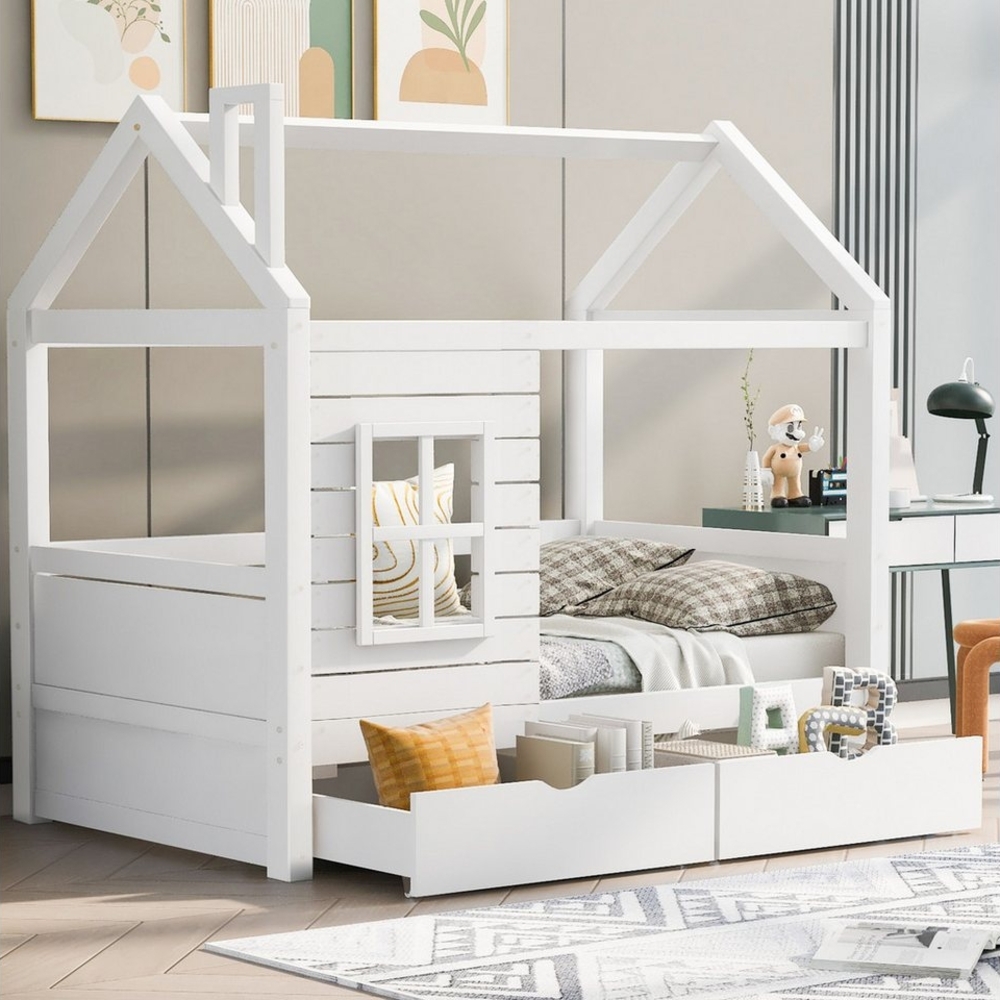 SeedWave Hausbett Kinderbett mit 2 Schublade, Hausbett Hausförmiges Bett mit Fenster, Massivholzrahmen,Bettschutzgitter,Kiefernholz,Weiß,80x160,90x200 Bild 1