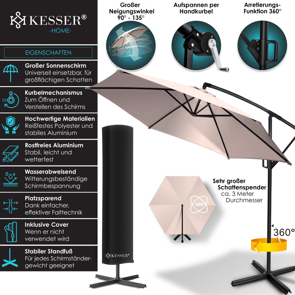 KESSER® Alu Ampelschirm Sonnenschirm + Abdeckung Ø300 cm / Ø350 cm mit Kurbelvorrichtung Kurbelschirm mit Ständer UV-Schutz Aluminium Wasserabweisende Bespannung - Schirm Gartenschirm Marktschirm 300cm, Taupe Bild 1