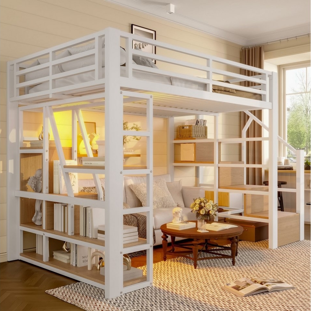 Odikalo Hochbett Metallbett 90x200 140x200 mit Stauraum,LED Bild 1