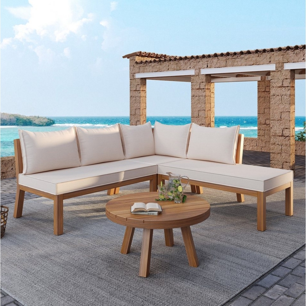 Merax Gartenlounge-Set aus Akazienholz, (Sitzgruppe Gartengarnitur Balkonmöbel, 4-tlg, Vanua), 5-Sitzer Gartenmöbel-Set mit 2 2-Sitzer-Sofa, Ecksofa & Couchtisch Bild 1