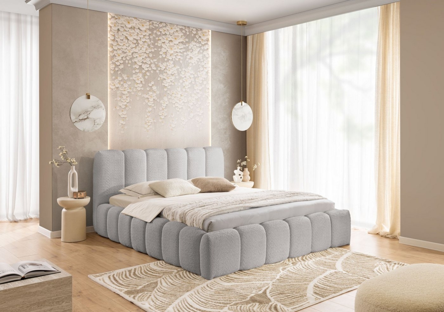 yourhouse24 Polsterbett Micandi mit Bettkasten (Bettgestell mit Lattenrost), Bouclé-Stoffbezug, Gepolstertes Kopfteil, Wolkenbett Bild 1