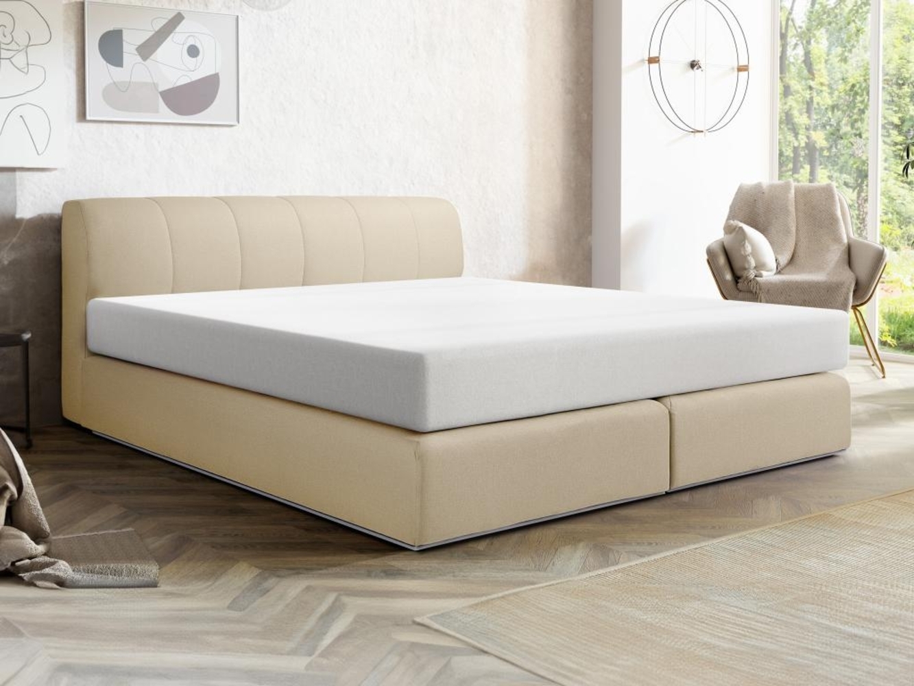 Vente-unique - Boxspringbett mit Kopfteil + Lattenrost mit LED-Beleuchtung + Matratze - 180 x 200 cm - Stoff - Beige - OTARU von YSMÉE Bild 1