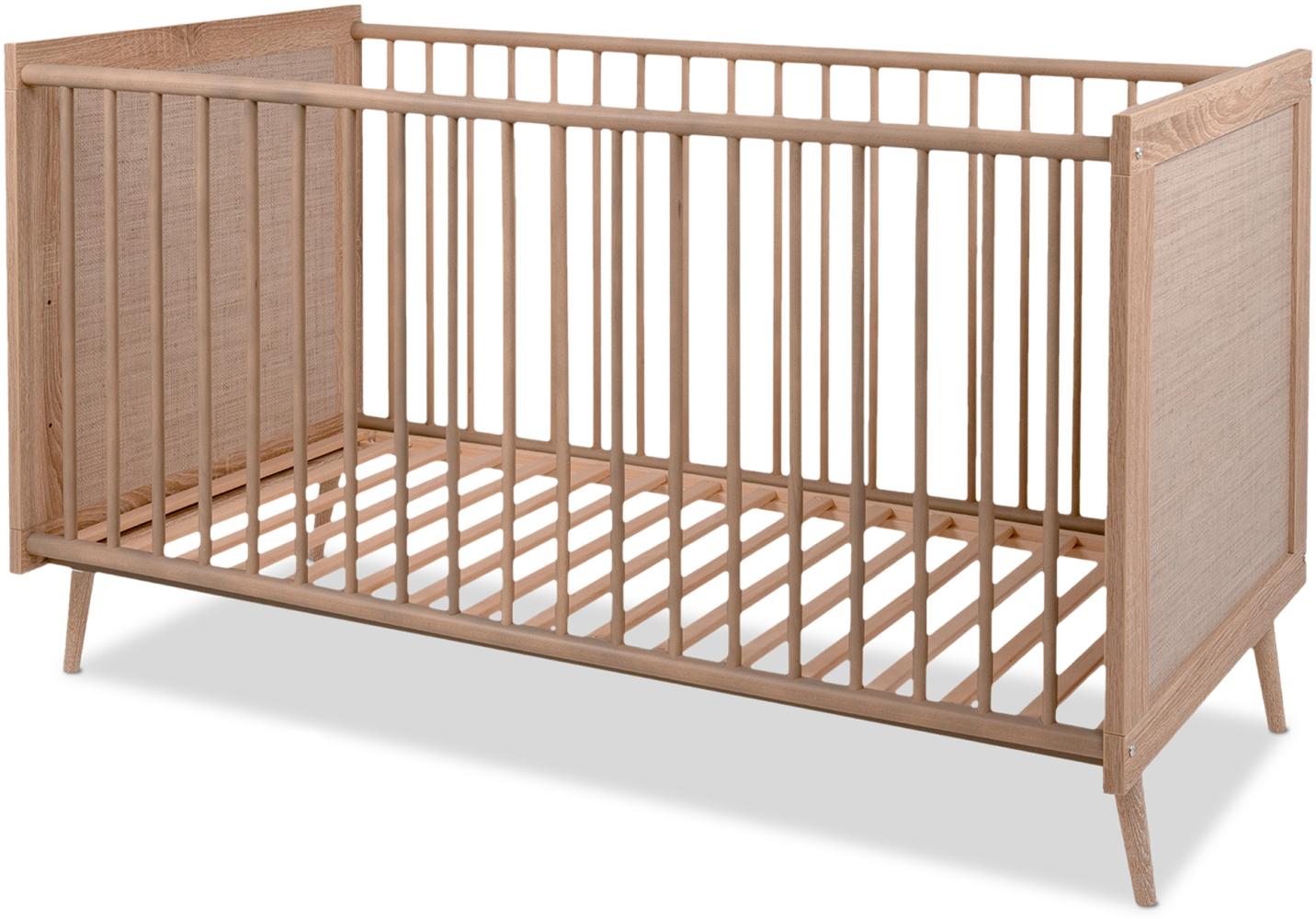 KHG Kinderbett hell-braun modern Eiche-Optik, Babybett aus Holzwerkstoff Rattan-Optik, höhenverstellbar, Liegefläche 140 x 70 cm Gestell aus Massivholz - 143 x 84 x 76 cm (B/H/T) Bild 1