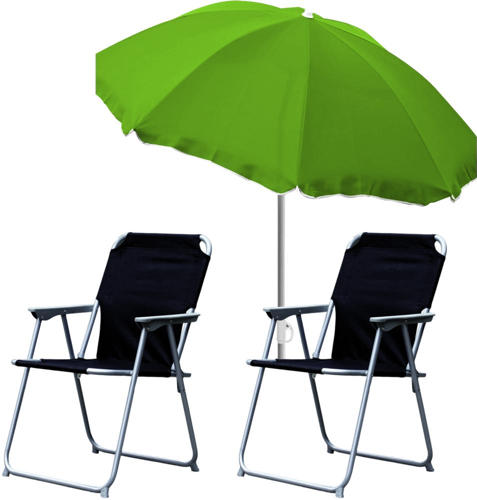 2x Campingstuhl Klappstuhl Schwarz + Sonnenschirm Ø180cm Lime Grün Bild 1