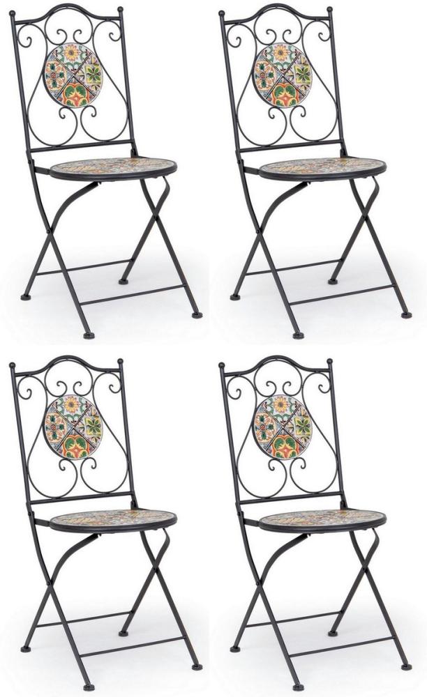 Casa Padrino Jugendstil Gartenstuhl 4er Set Schwarz / Mehrfarbig 39x47 x H. 92 cm - Klappbare Stühle mit Keramik Platten - Nostalgische Garten & Gastronomie Möbel Bild 1