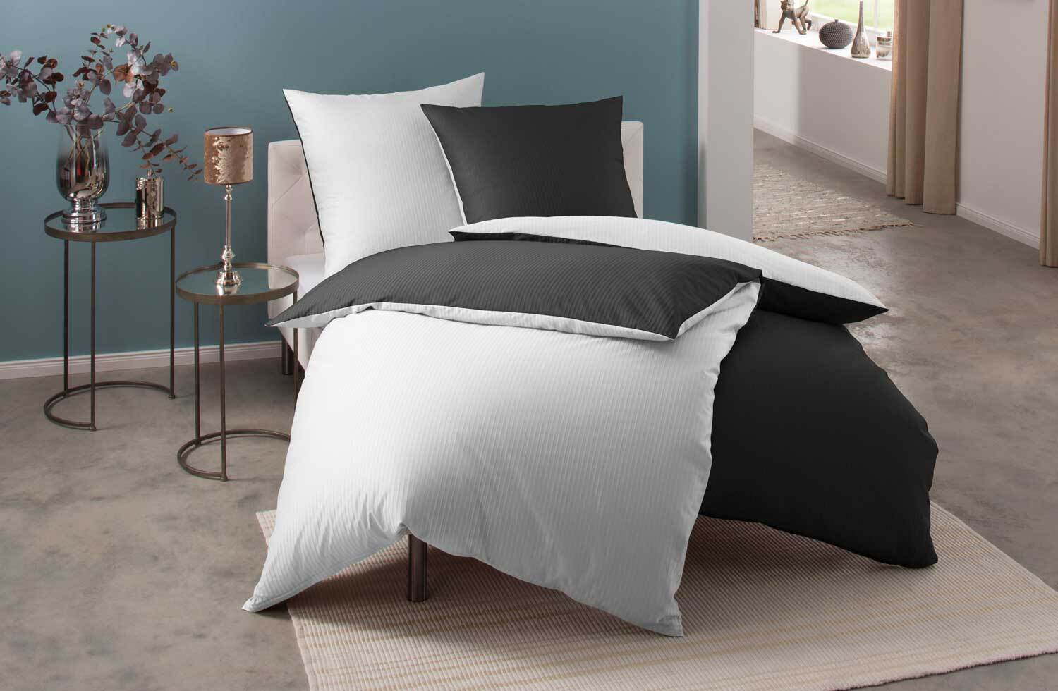 Mako Satin Damast Wendebettwäsche Streifen "Vancouver" weiß/anthrazit Garnitur 155x200 + 80x80 Bild 1