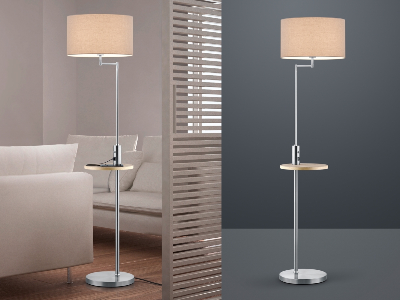 LED Stehleuchte Silber matt mit Stoffschirm, Ablagetisch & USB Anschluss, 160cm Bild 1
