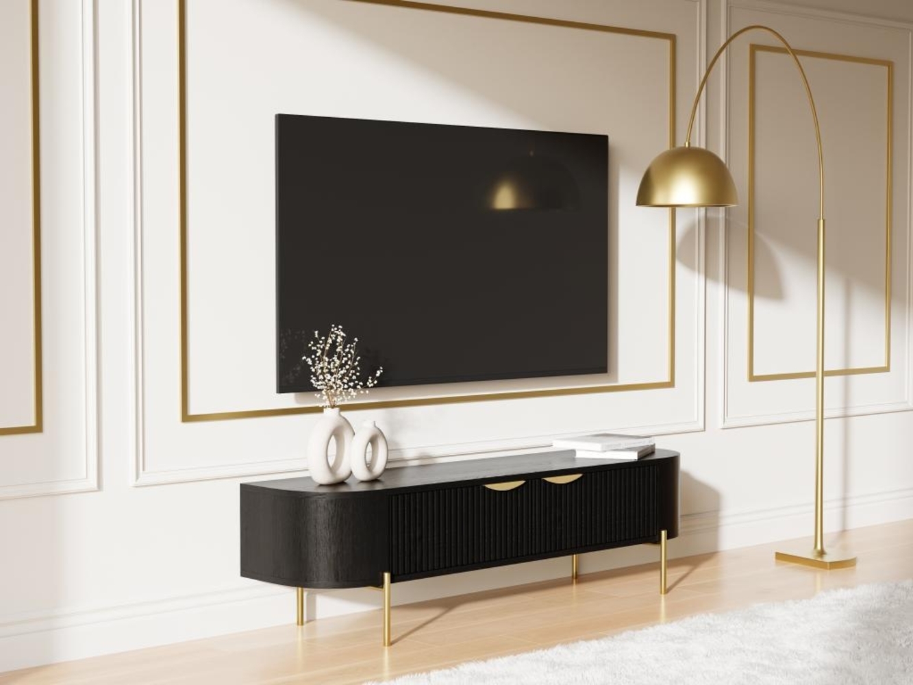 Vente-unique - TV-Möbel mit 2 Türen - Mangoholz & goldfarbenes Metall - Schwarz - NEVILI von Maison Céphy Bild 1