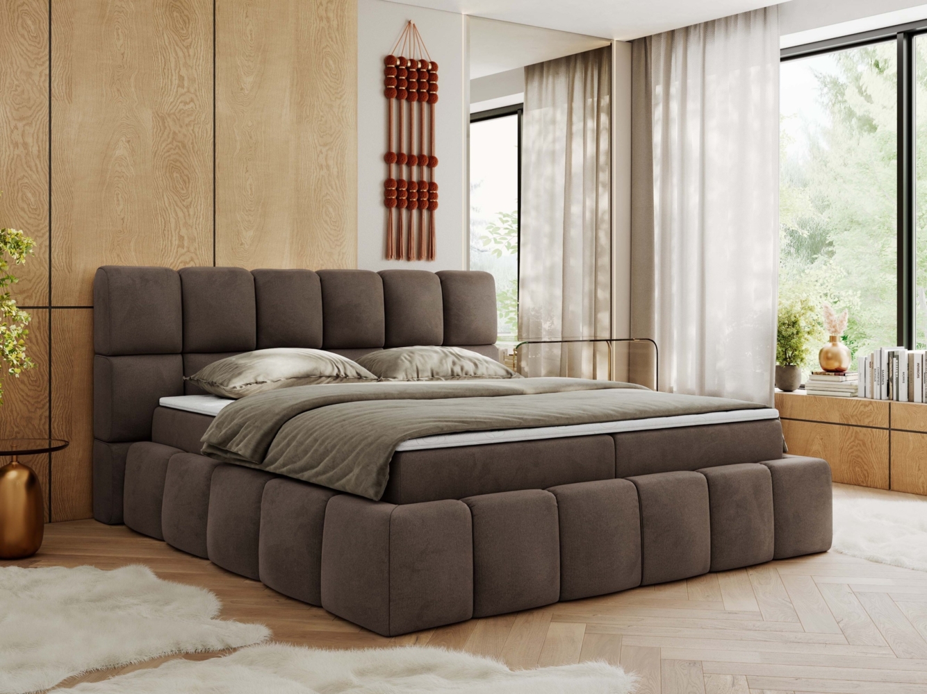 Boxspringbett mit dekorativem Kopfteil, Doppelbett mit zwei 7 Härtezonen Multipocket-Matratzen, Bettkästen, Polsterbett - NIRA - 180 x 200 cm - Braun Velours - H4 Bild 1