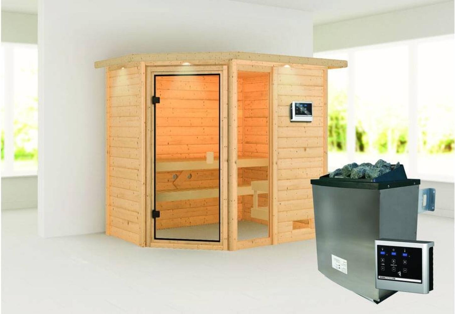 Karibu Sauna Jada mit Dachkranz + 9kW Saunaofen mit ext. Steuerung Bild 1