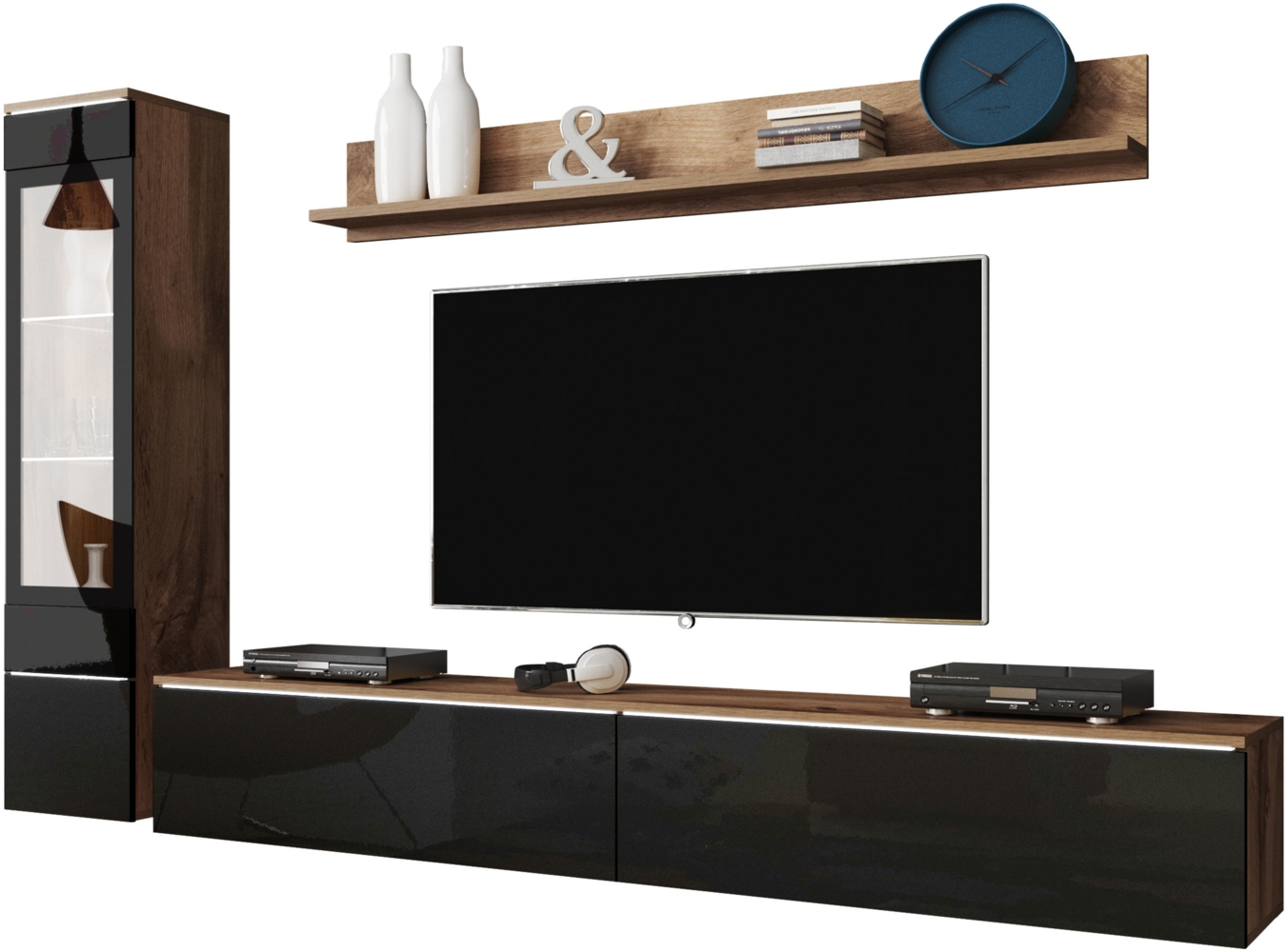 Wohnwand Doppo I (Farbe: Wotan / Schwarz Hochglanz, mit weißer LED Beleuchtung) Bild 1