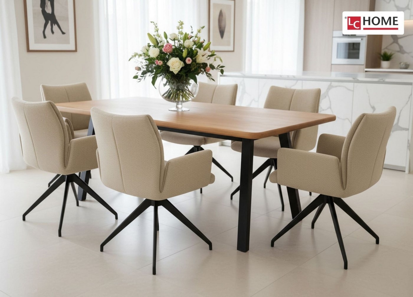 LC Home Essgruppe LC Home Essgruppe Monti Esstisch Wildeiche + Esszimmerstühle Webstoff Bild 1