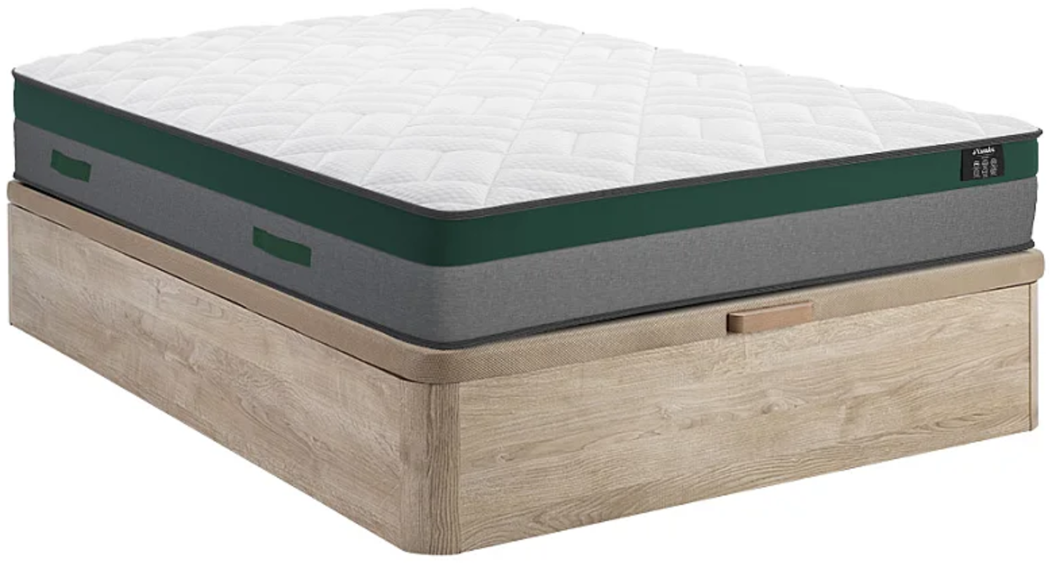 Vente-unique - Set aus Bettgestell mit Bettkasten + Taschenfederkernmatratze - 140 x 190 cm - Stärke 22 cm - Holzfarben hell - PRESTIGE von YSMÉE Bild 1