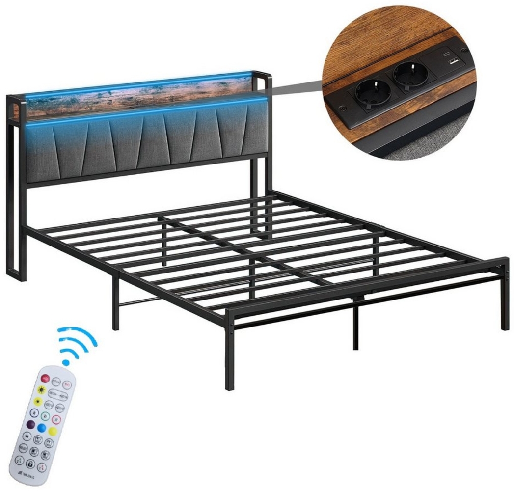 DOPWii Bettgestell Bettgestell,90x200/140x200cm,Einzel-/Doppelbett,Jugendbett,betten (Jugendbett *1), Metallbett mit Polsterkopfteil,LED,Steckdose Anschlüssen,USB & Typ-C Bild 1