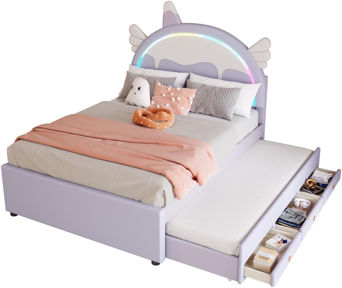 Merax 140*200cm Polsterbett, ausgestattet mit ausziehbares rollbett, PU-Material,Violett Bild 1