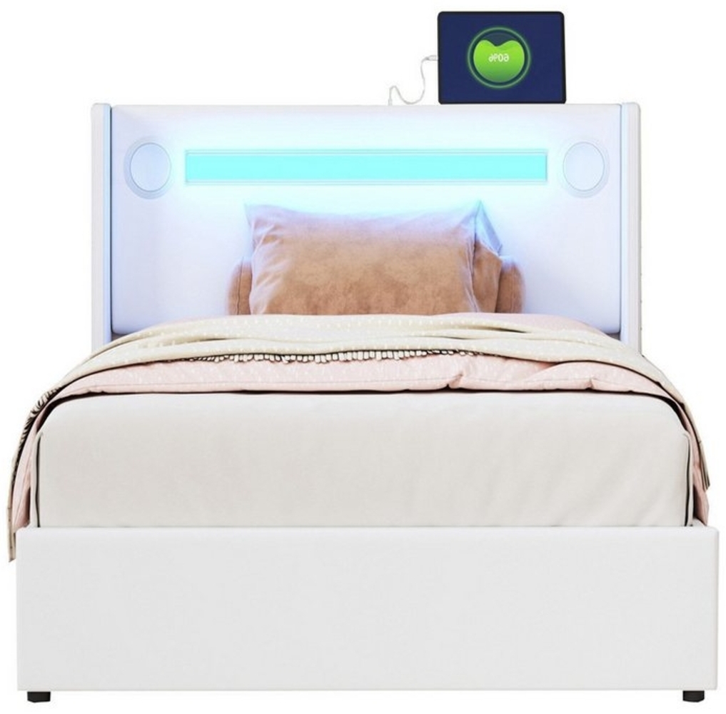 OKWISH Polsterbett Kinderbett mit LED-Lichtleiste, Bluetooth-Player und USB-Aufladung (Kunstleder-Aufbewahrungsbett, Hochbettkasten, Jugendbett mit Lattenrost), 90x200 cm ohne Matratze Bild 1