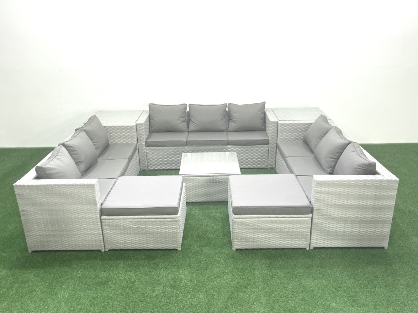 Fimous Gartenmöbel im Freien Polyrattan 11-Sitzer Rattan Garten Sofa Set mit 2 hohen Hockern 2 Beistelltischen Hellgrau gemischt Bild 1