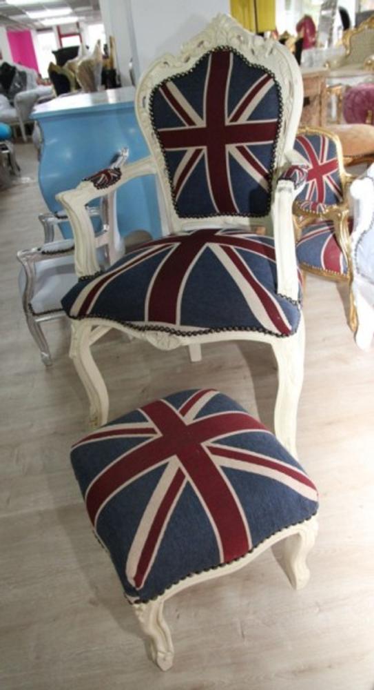 Casa Padrino Barock Esszimmerstuhl mit Armlehnen Union Jack / Creme + dazugehöriger Fußhocker Bild 1