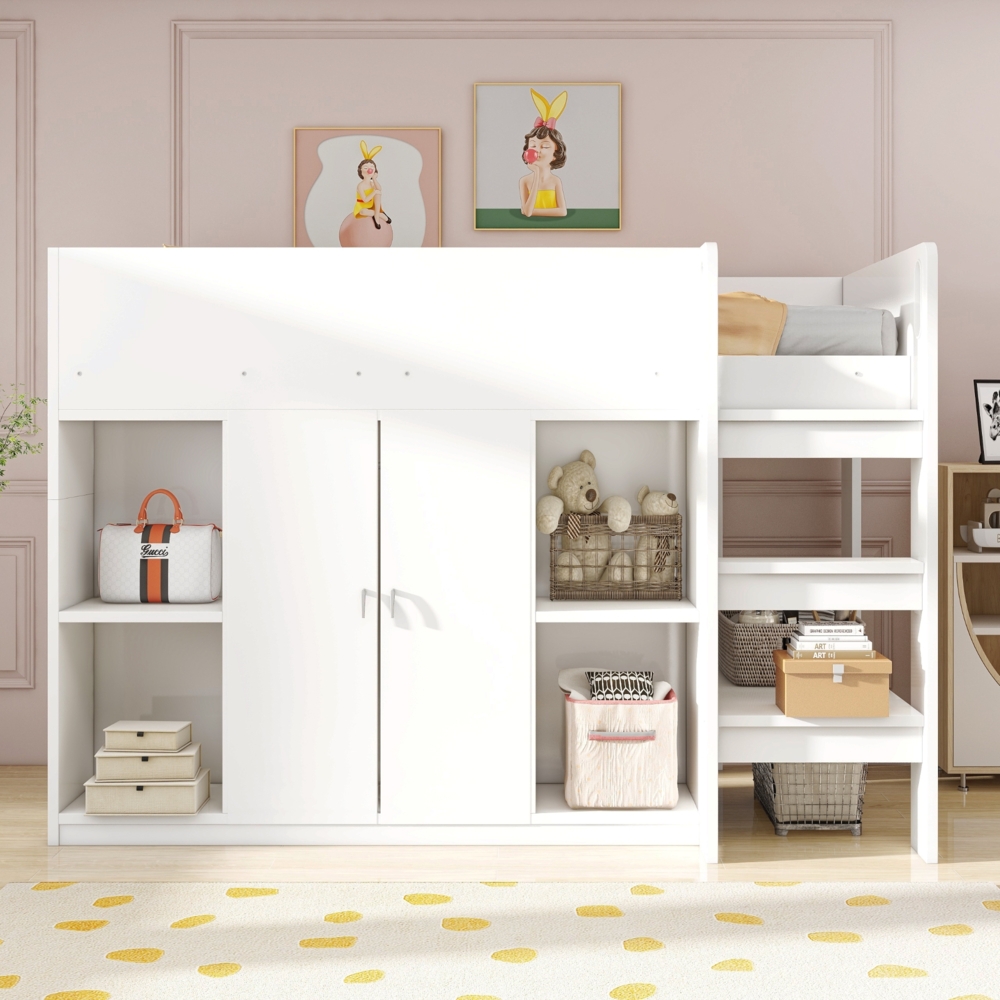 Bett 90x200 cm Hochbett mit Stauraum und Schrank – platzsparendes Kinderhochbett in Weiß/Grau Bild 1