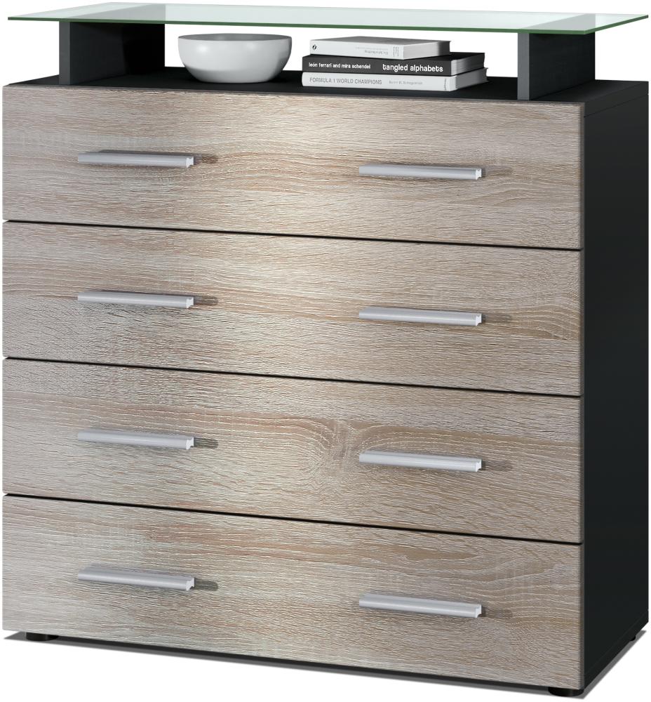 Vladon Sideboard Pavos V2, Kommode mit 4 Schubladen und Glasablage, Schwarz matt/Eiche sägerau (76 x 81 x 35 cm) Bild 1