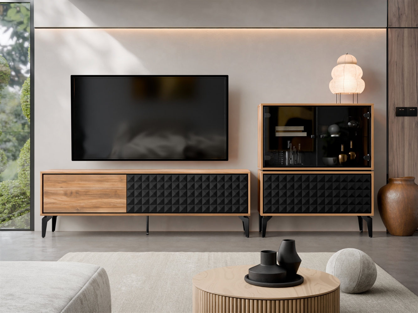 Wohnzimmer-Set Ewido II (Farbe: Barockeiche Amber / Barockeiche Amber + Schwarz) Bild 1