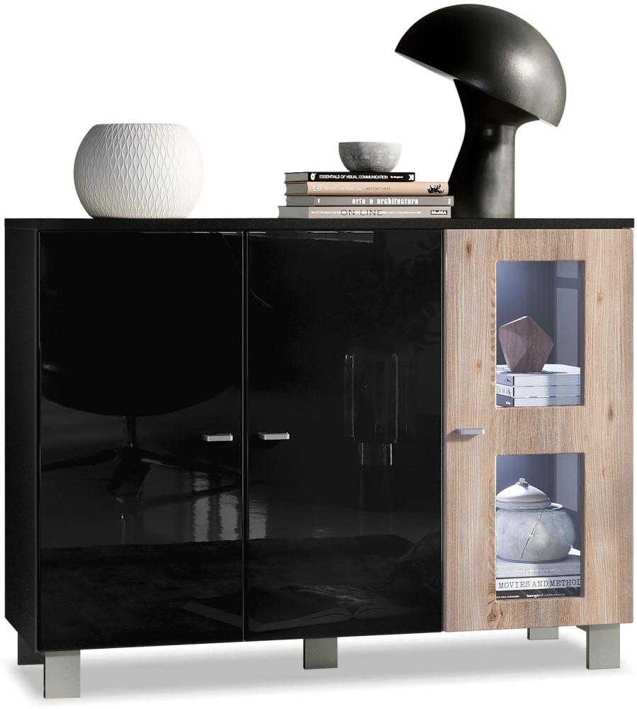 Vladon Sideboard Denjo, Kommode mit 3 Türen, Schwarz matt/Schwarz Hochglanz/Eiche Nordic, inkl. LED-Beleuchtung (107 x 81 x 35 cm) Bild 1