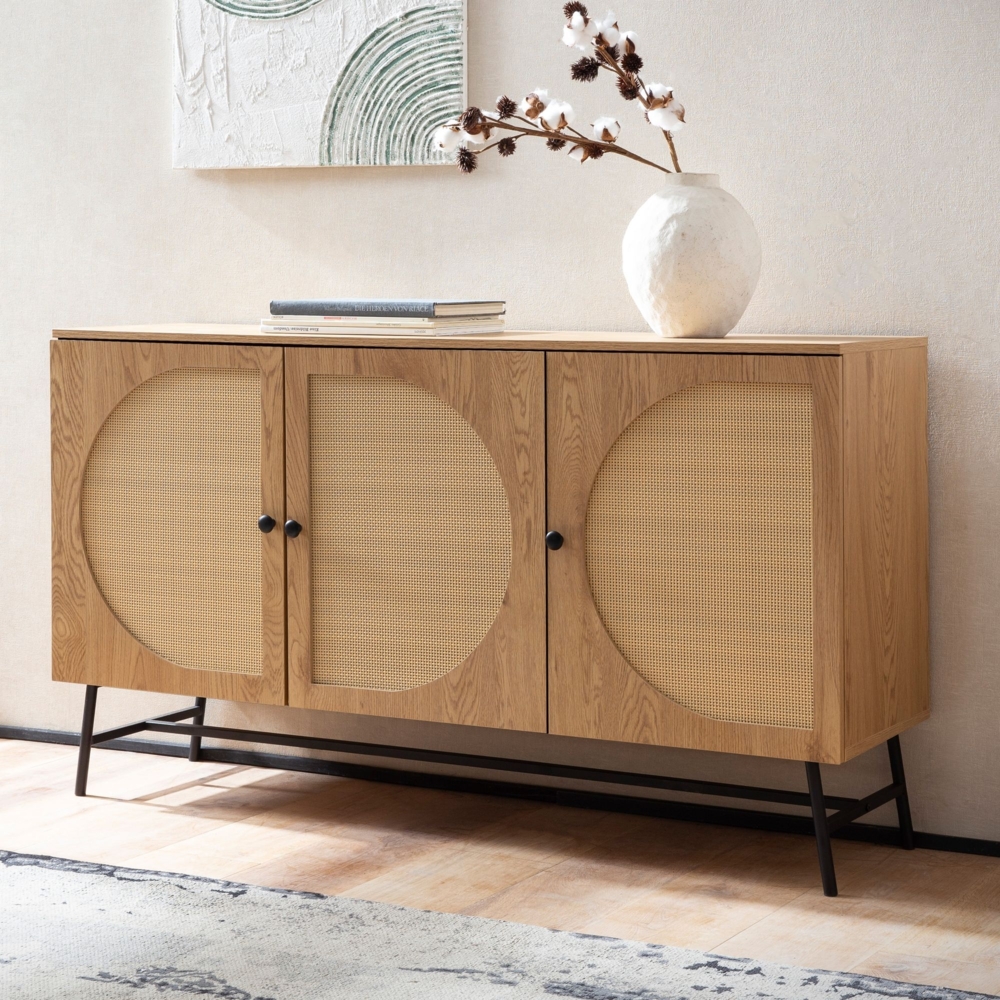 FINEBUY Sideboard FB104665 (140x80x39 cm Anrichte, Eiche-Dekor Rattangeflecht), Kommode Türen Standschrank, Hoher Kommodenschrank Bild 1