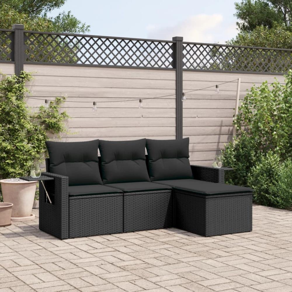 vidaXL 4-tlg. Garten-Sofagarnitur mit Kissen Schwarz Poly Rattan 3220064 Bild 1