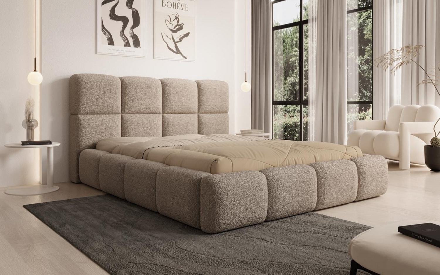 Compleo Polsterbett aus Bouclé MERID Doppelbett mit Kopfstütze, Rahmenbettgestell, mit Bettkasten und Lattenrost, TOP ANGEBOT! Bild 1