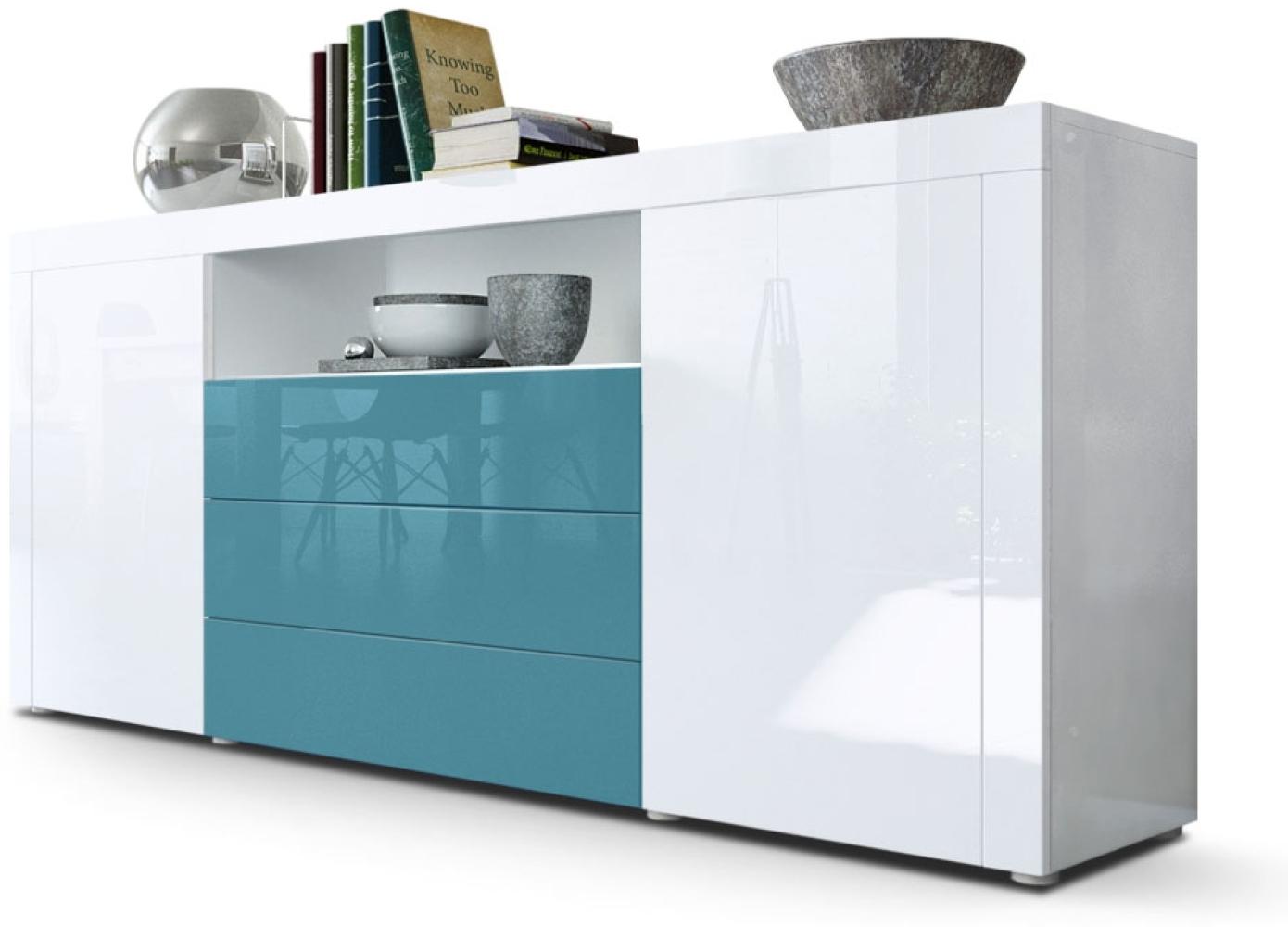 Vladon Sideboard Santiago, Weiß Hochglanz/Petrol Hochglanz - Moderne Kommode für Ihr Wohnbereich - (BxHxT) 167 x 72 x 35 cm Bild 1